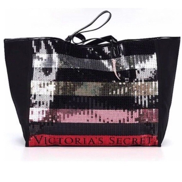 NWT Victoria's Secret Bling Sequin Striped Carryall Tote Bag! - Picture 1 of 5